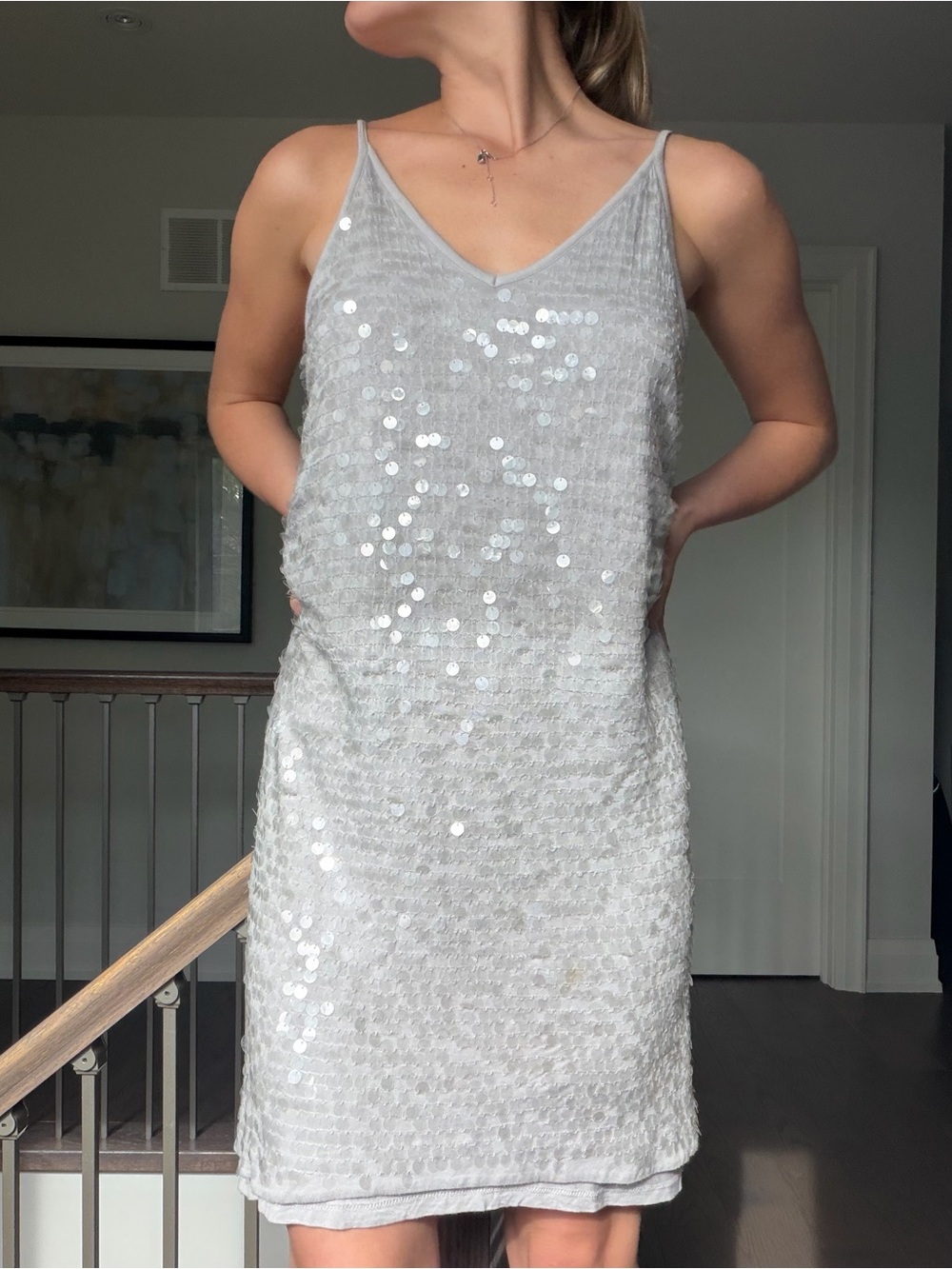 Club Monaco Silver Sequin V-Neck Mini Dress